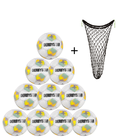 Derbystar Fußball Club light 350 v26 10er Ballpaket + Ballnetz weiss/gelb/grün