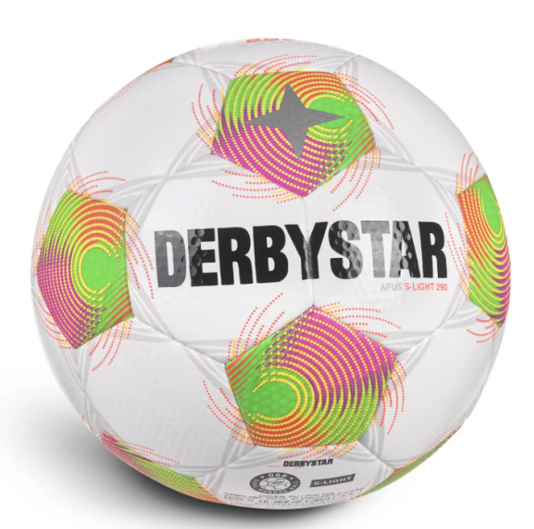 Derbystar Fußball Apus S-Light 290 v26 10er Ballpaket + Ballnetz weiss-pink-grün