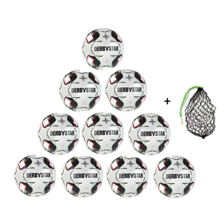 Derbystar Fußball Tempo TT v24 Gr.5 weiß/grün/schwarz 10er Ballpaket inkl. Ballnetz