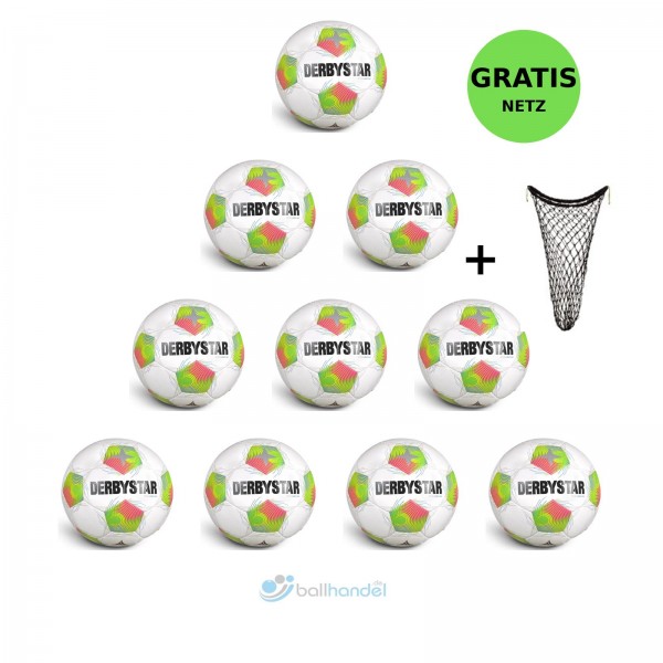 Derbystar Fußball Apus Light 350 v26 10er Ballpaket + Ballnetz weiss-grün-pink