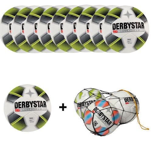 Derbystar Fußballpaket Brillant TT weiß/schwarz/gelb Gr. 5 (10 Bälle+Ballnetz)