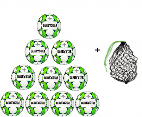 Derbystar Fußball Brillant TT v22 10er Ballpaket inkl. Ballnetz weiß/grün/schwarz