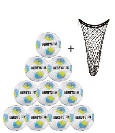 Derbystar Fußball Apus TT Fairtrade 10er Ballpaket + Ballnetz weiss/Blau/Grün Gr 5