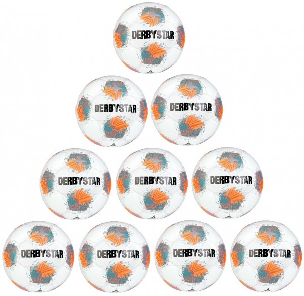 Derbystar Fußball Stratos TT DB v25 10er Ballpaket + Ballnetz weiss/orange/blau
