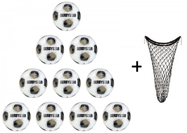 Derbystar Fußball Brillant TT v25 Gr. 5 10er Ballpaket inkl. Ballnetz weiss/gold/silber