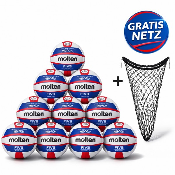 Molten Beachvolleyball V5B5000 weiß/blau/rot 10er Ballpaket inkl Ballnetz