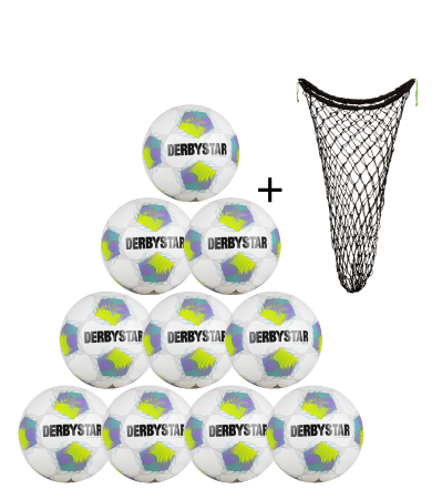 Derbystar Fußball Brillant light 350g v26 10er Ballpaket + Ballnetz weiss/grün/lila