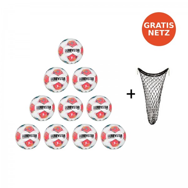 Derbystar Fußball Bundesliga Brillant APS v25 10er Ballpaket + Ballnetz weiss/rot/blau Gr.5