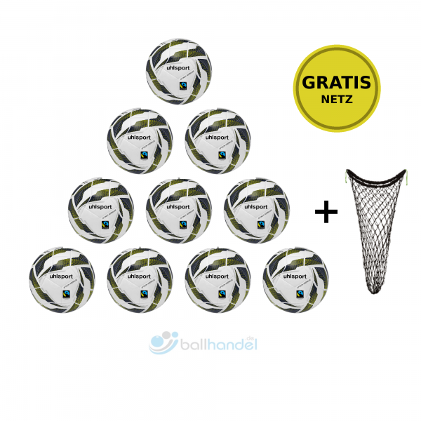 Uhlsport Fußball Attack Addglue For The Planet 10er Ballpaket + Ballnetz weiß/marine/gelb
